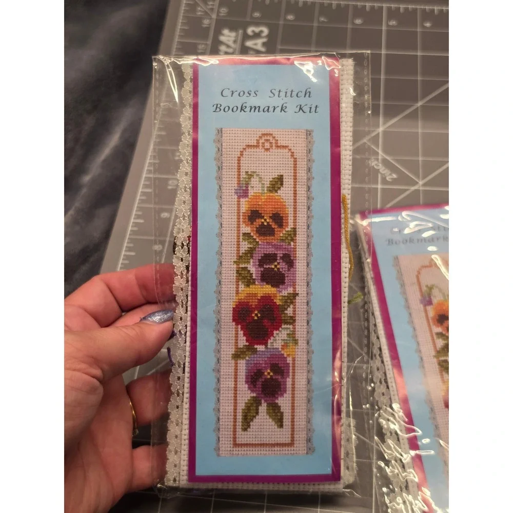 Set of 2 Pansy Floral Cross Stitch Bookmark Kits with Lace Edge 0301346